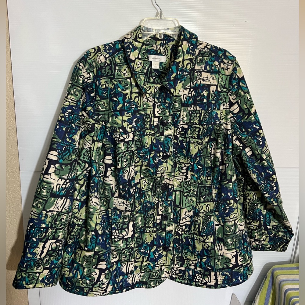 C J Banks Woman 2X, Green Black Artsy Button Front, 2 pockets 2 faux pockets